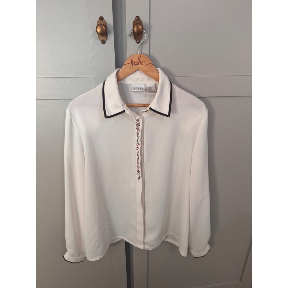 Koret Womens Ivory White‎ Button Up Blouse Floral Embroidery Velvet Trim Size 12